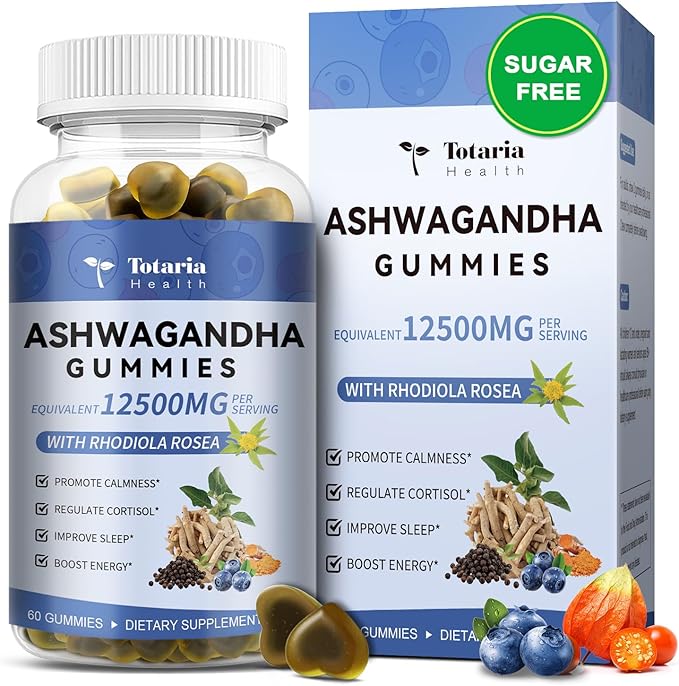 Sugar Free Ashwagandha Filled Gummies w/Vitamin D3, Magnesium Glycinate, Rhodiola, Ultra Strength Ashwa Root Supplements for Women & Wen, for Relaxation, Energy, Cortisol Gummies